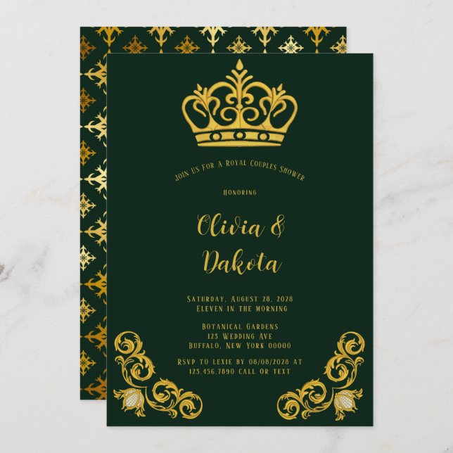 Green & Gold Royal Crown Couples Shower Invitation (Front/Back)