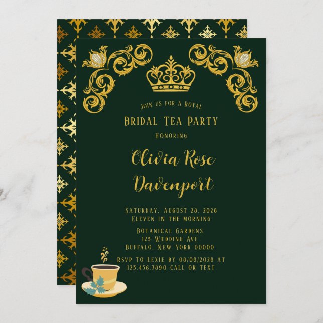 Green & Gold Royal Crown Damask Bridal Tea Party Invitation (Front/Back)