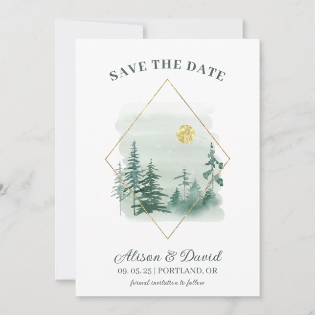 Green Gold Rustic Pine Trees Wedding Save the Date Invitation (Front)