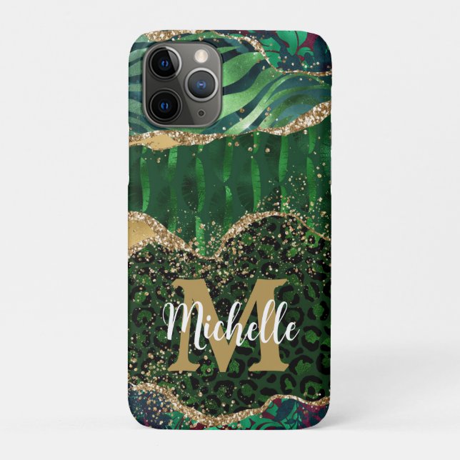 Green & Gold Safari Animal Glitter Agate Monogram Case-Mate iPhone Case (Back)