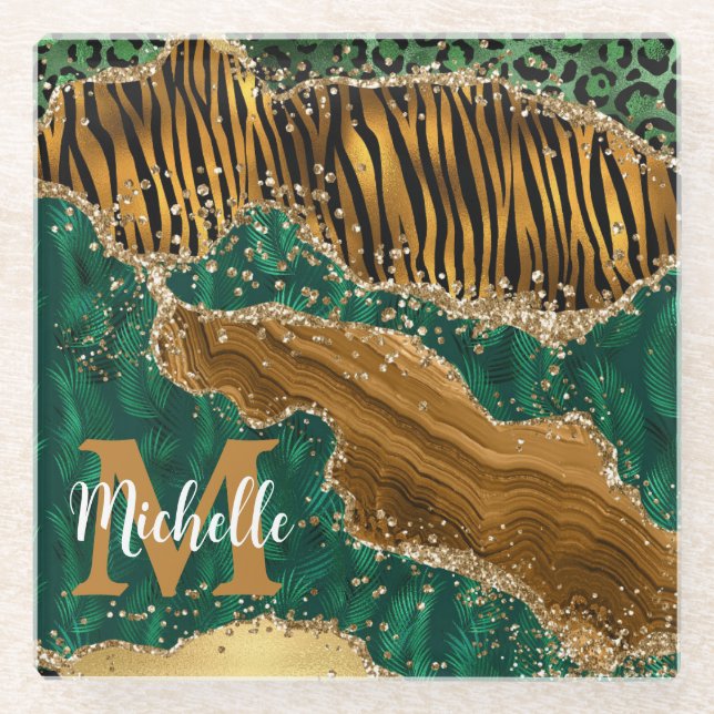 Green & Gold Safari Animal Glitter Agate Monogram Glass Coaster (Front)