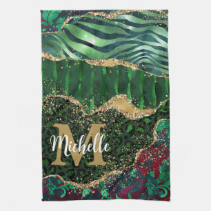 Green & Gold Safari Animal Glitter Agate Monogram Tea Towel
