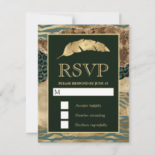 Green & Gold Safari Animal Glitter Agate Wedding RSVP Card