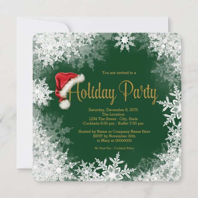 Green Gold Santa Hat Snowflake Holiday Party Invitation (Front)