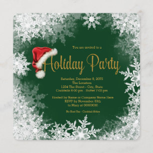 Green Gold Santa Hat Snowflake Holiday Party Invitation