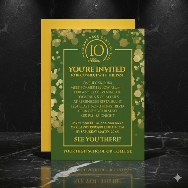 Green & Gold School Class Reunion Invitation (Elegant Green & Gold School Class Reunion Invitation Cover Photo)