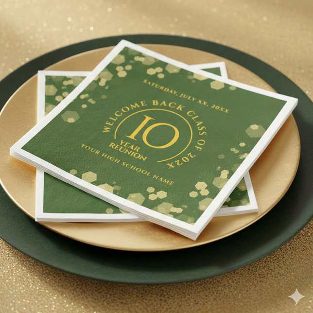 Green & Gold School College Class Reunion Napkin (Elegant 10-Year Class Reunion Napkins Green and Gold Glitter Cover Photo)