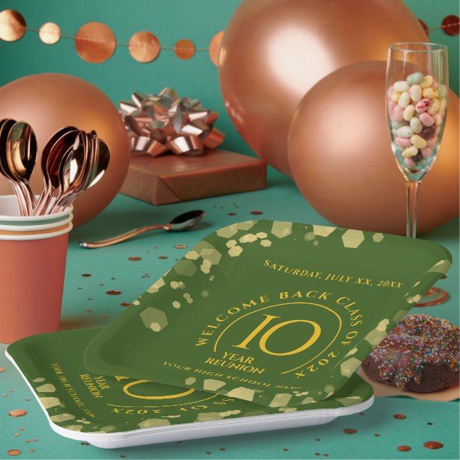 Green & Gold School College Class Reunion Paper Plate (Multi)