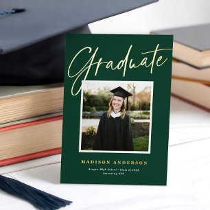 Green + Gold Script Photo Graduation Announcement