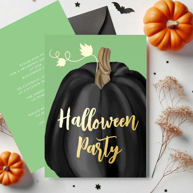 Green Gold Script Pumpkin Halloween Party Foil (Green Gold Script Pumpkin Halloween Party Foil Foil Invitation)