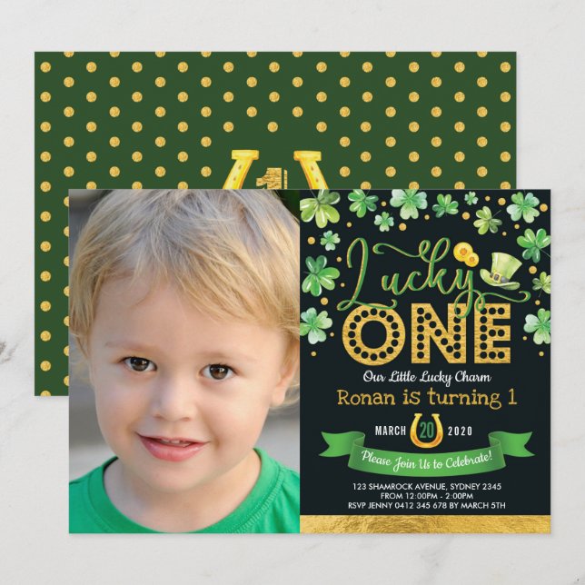 Green Gold Shamrock Lucky Charm 1st Birthday Photo Invitation (Front/Back)