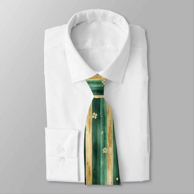 Green Gold Shamrock St. Patrick's Day Stripes Tie (Tied)