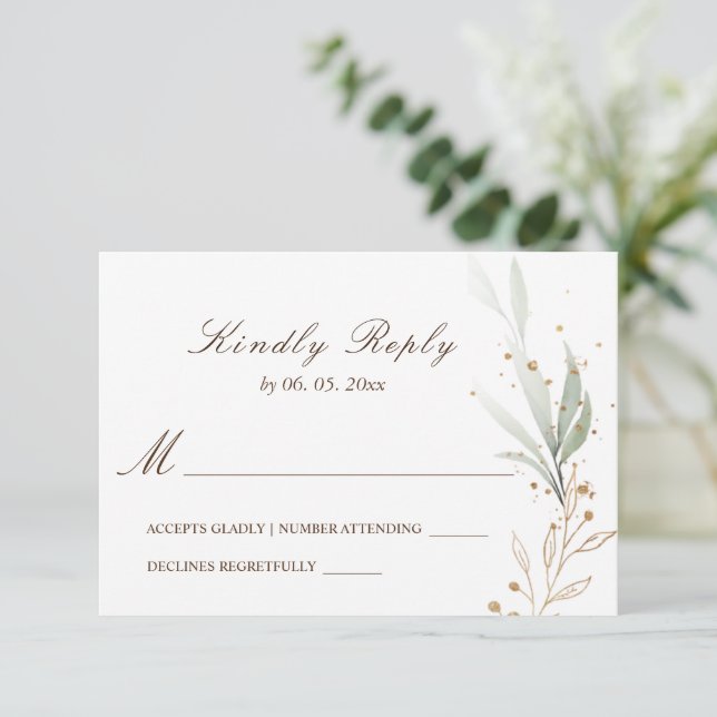Green Gold Simple Greenery Watercolor Wedding RSVP Card (Standing Front)