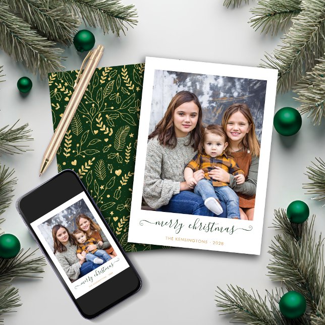 Green Gold Simple Script Merry Christmas Photo Holiday Card (Green Gold Simple Script Merry Christmas Photo Holiday Card)