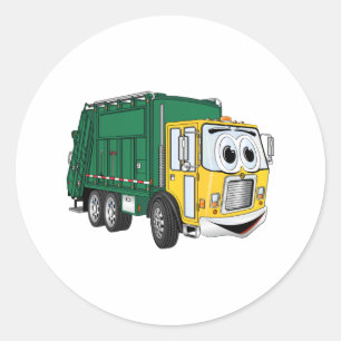 Green Gold Smiling Garbage Truck Cartoon Classic Round Sticker