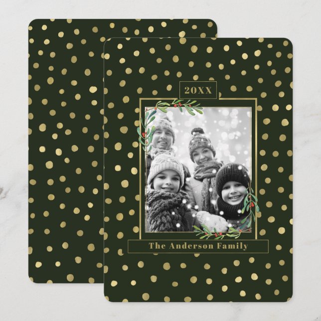 Green & Gold Snow Holiday Family Photo Invitation (Front/Back)