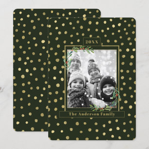 Green & Gold Snow Holiday Family Photo Invitation