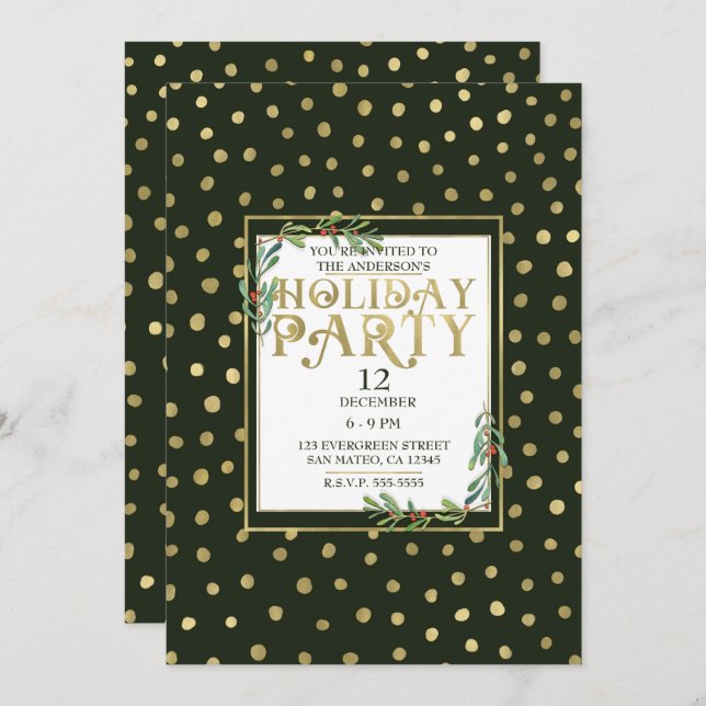Green & Gold Snow Holiday Party Invitation (Front/Back)