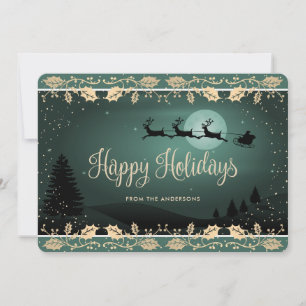 Green Gold Snow Holly Santa Holiday Card