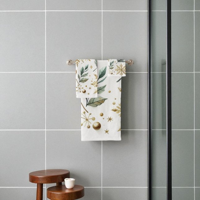 Green Gold Snowflake Floral Holiday Bath Towel Set (Creator Uploaded)