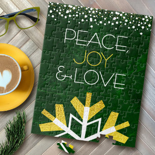 Green Gold Snowflake Peace Joy Love Quote Modern Jigsaw Puzzle
