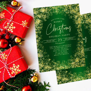 Green & Gold Snowflakes Christmas Holiday Party Invitation
