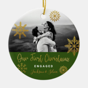 Green Gold Snowflakes First Christmas Engaged Ceramic Tree Decoration