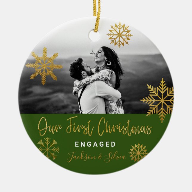 Green Gold Snowflakes First Christmas Engaged Ceramic Tree Decoration (Front)