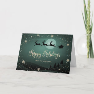 Green Gold Snowflakes Santa Reindeer Holiday Card