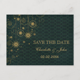 green gold Snowflakes Winter save the Date Announcement Postcard