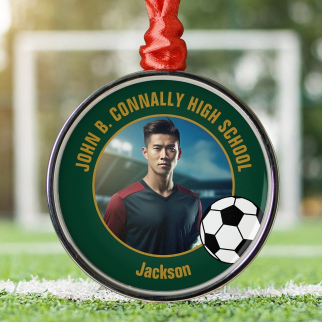 Green Gold Soccer Player Photo Christmas Metal Tree Decoration (Creator Uploaded)