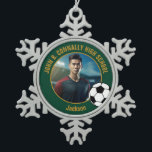 Green Gold Soccer Player Photo High School Snowflake Pewter Christmas Ornament<br><div class="desc">This cool customized high school soccer player photo gift features gold typography of your team and player name on a green Christmas ornament with a soccer ball. Personalize with your student's photograph and class year as a proud futbol parent for a commemorative keepsake.</div>