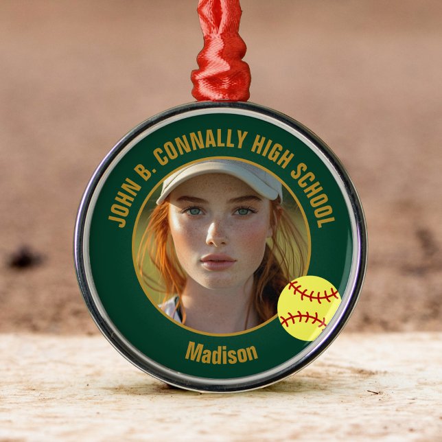 Green Gold Softball Player Photo Christmas Metal Tree Decoration (Creator Uploaded)