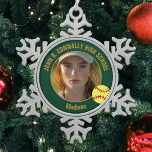 Green Gold Softball Player Photo High School Snowflake Pewter Christmas Ornament