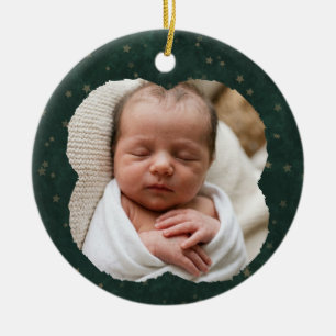 Green & Gold Star Baby's 1st Xmas Photo & Custom Ceramic Tree Decoration