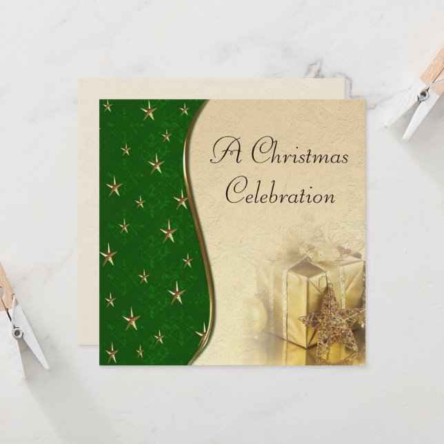 Green Gold Star Christmas Celebration Invitation (Front/Back In Situ)