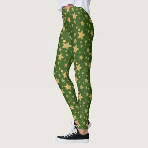Green Gold Star Traditional Christmas Pattern Leggings