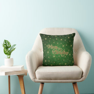 Green Gold Stars Christmas Pillow