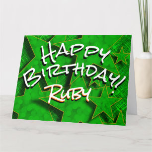 Green Gold Stars With Name Happy Birthday Card