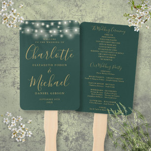 Green Gold String Lights Script Wedding Program Hand Fan