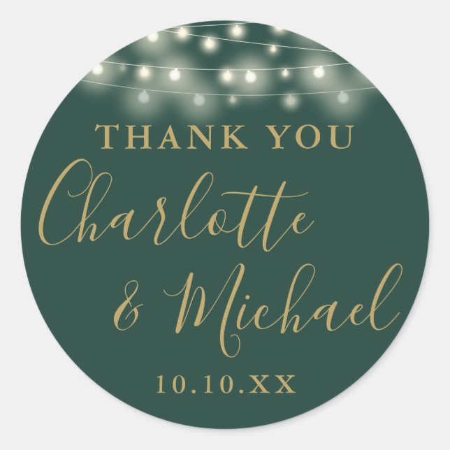 Green Gold String Lights Wedding Favor Thank You  Classic Round Sticker (Front)