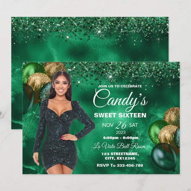 Green & Gold Sweet 16 Girl Birthday Invitation (Front/Back)