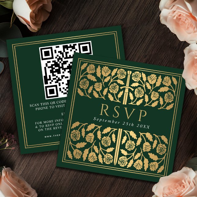 Green Gold Sword Royal Wedding RSVP QR Code  Enclosure Card (Creator Uploaded)