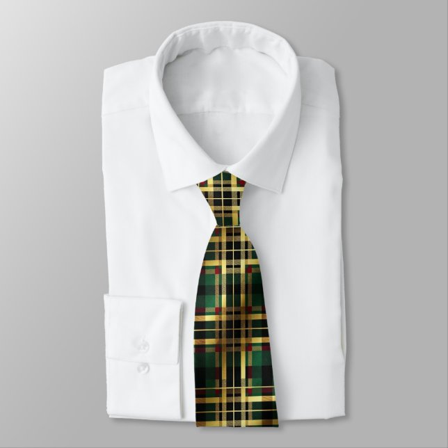Green & Gold Tartan Plaid Tie (Tied)
