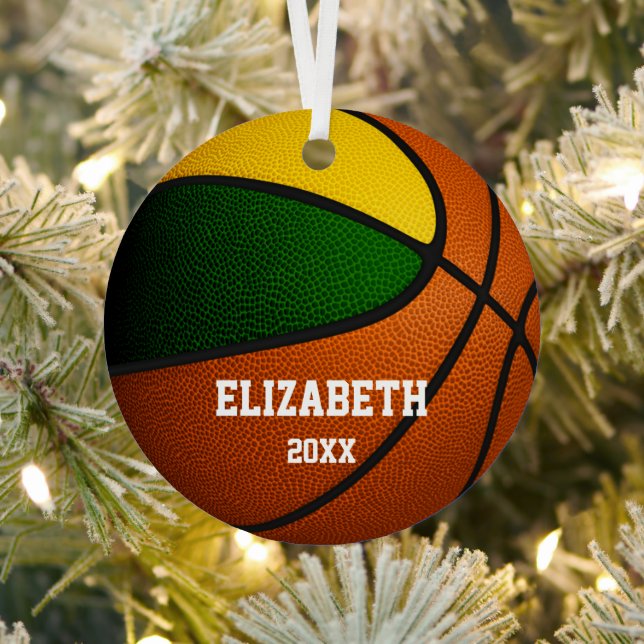 green gold team colours girls boys basketball metal tree decoration (Insitu)