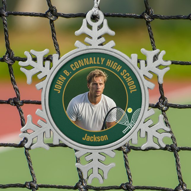 Green Gold Tennis Player Photo High School Snowflake Pewter Christmas Ornament (Creator Uploaded)