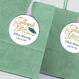 Green & Gold Thank You For Coming Graduation Party Classic Round Sticker