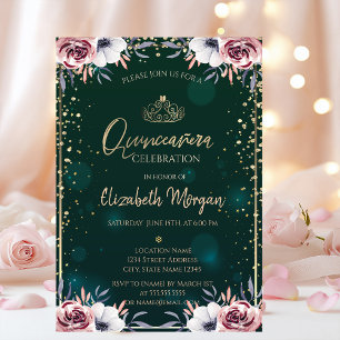 Green Gold Tiara,Diamonds Flowers Quinceañera  Invitation