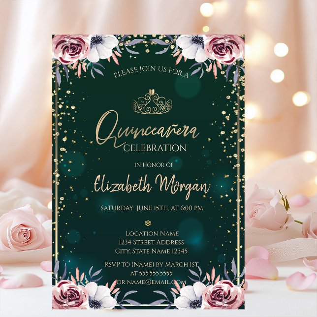 Green Gold Tiara,Diamonds Flowers Quinceañera  Invitation (Creator Uploaded)