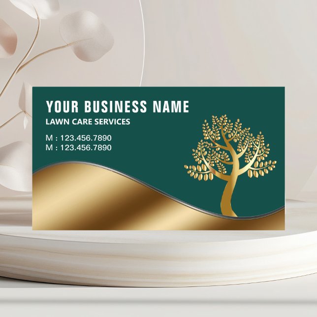 Green Gold Tree Gardening Landscaping Lawn Care Business Card (Creator Uploaded)